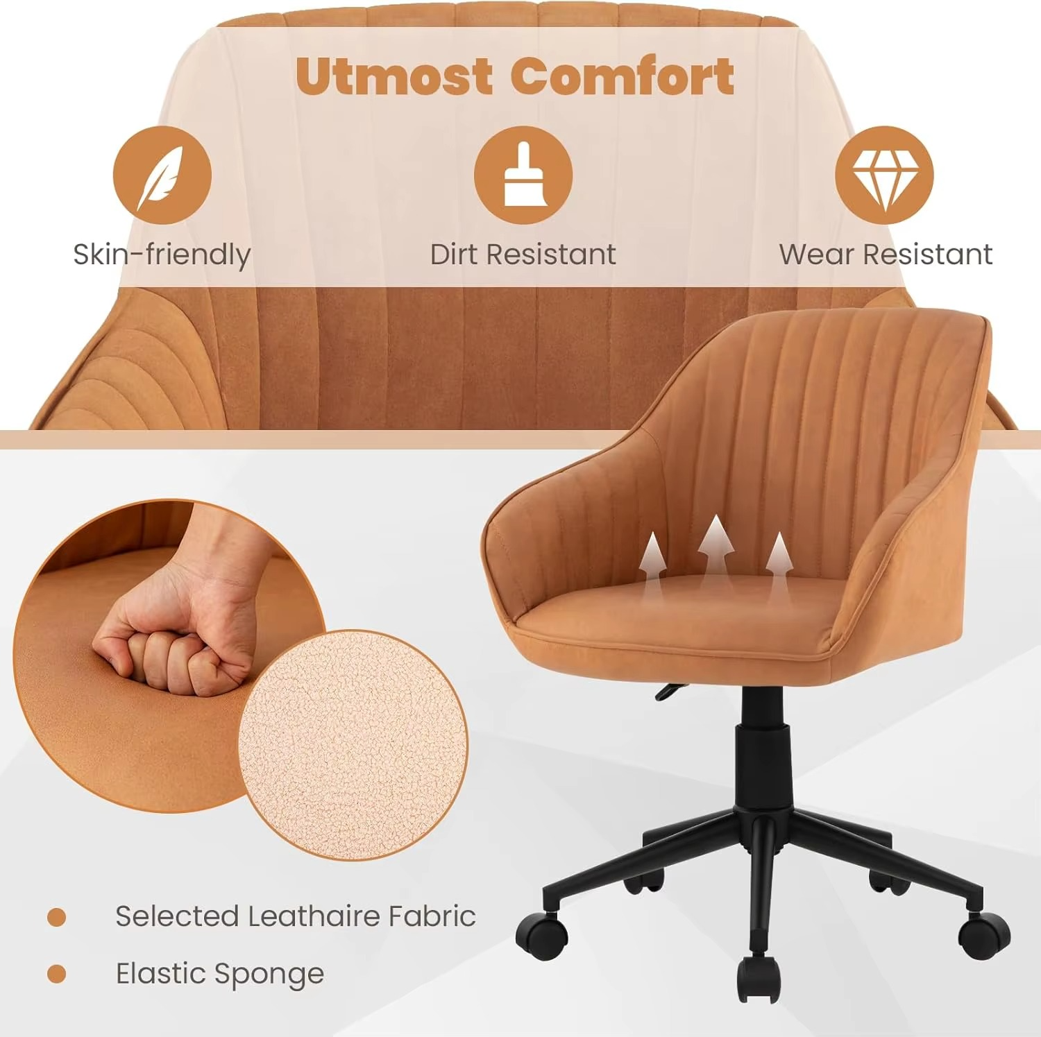ask Chair with 5 Rolling Wheels, Curved Backrest & Ergonomic Armrests, Modern Vanity Arm Chair for Living Room, Study, Bedroom,