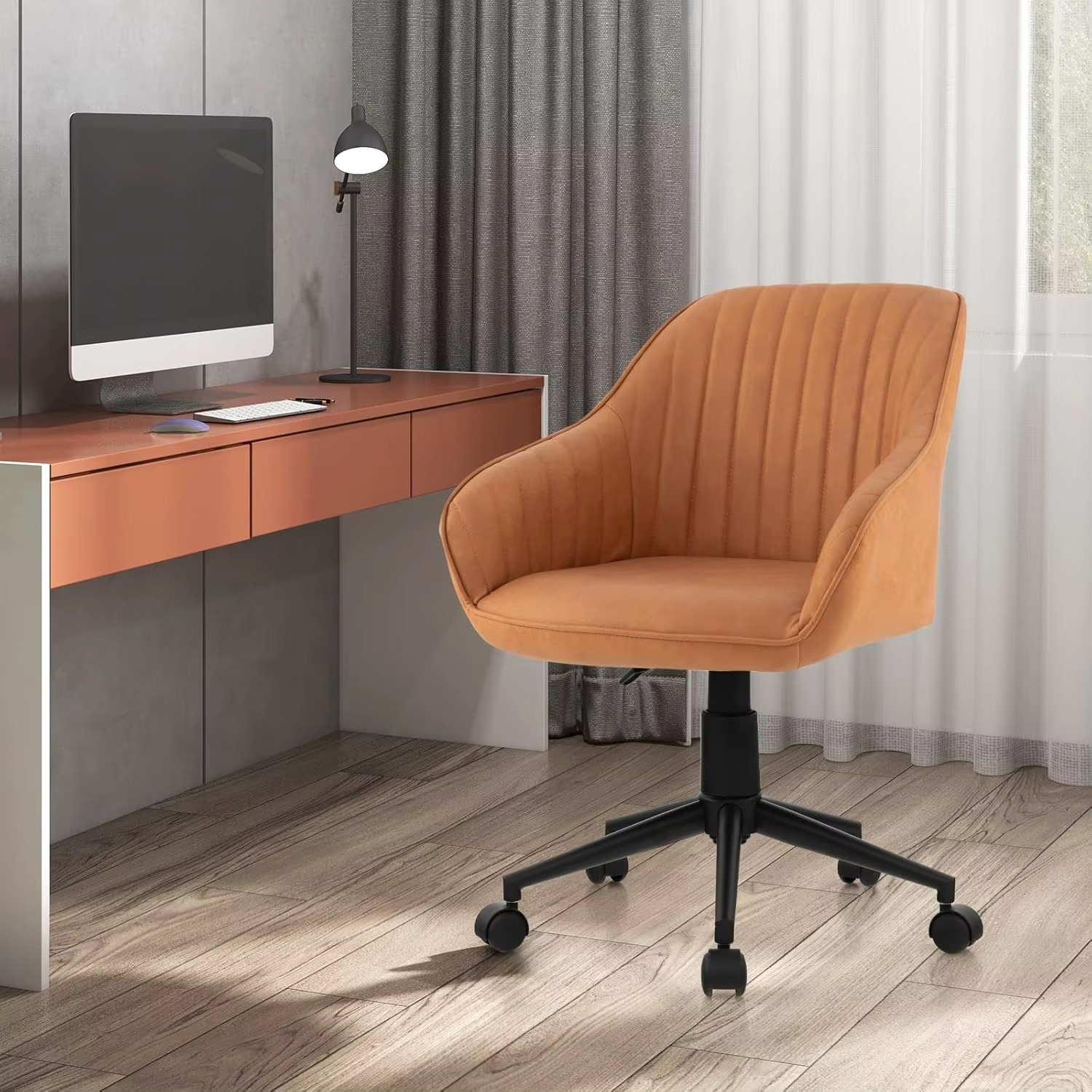 ask Chair with 5 Rolling Wheels, Curved Backrest & Ergonomic Armrests, Modern Vanity Arm Chair for Living Room, Study, Bedroom,
