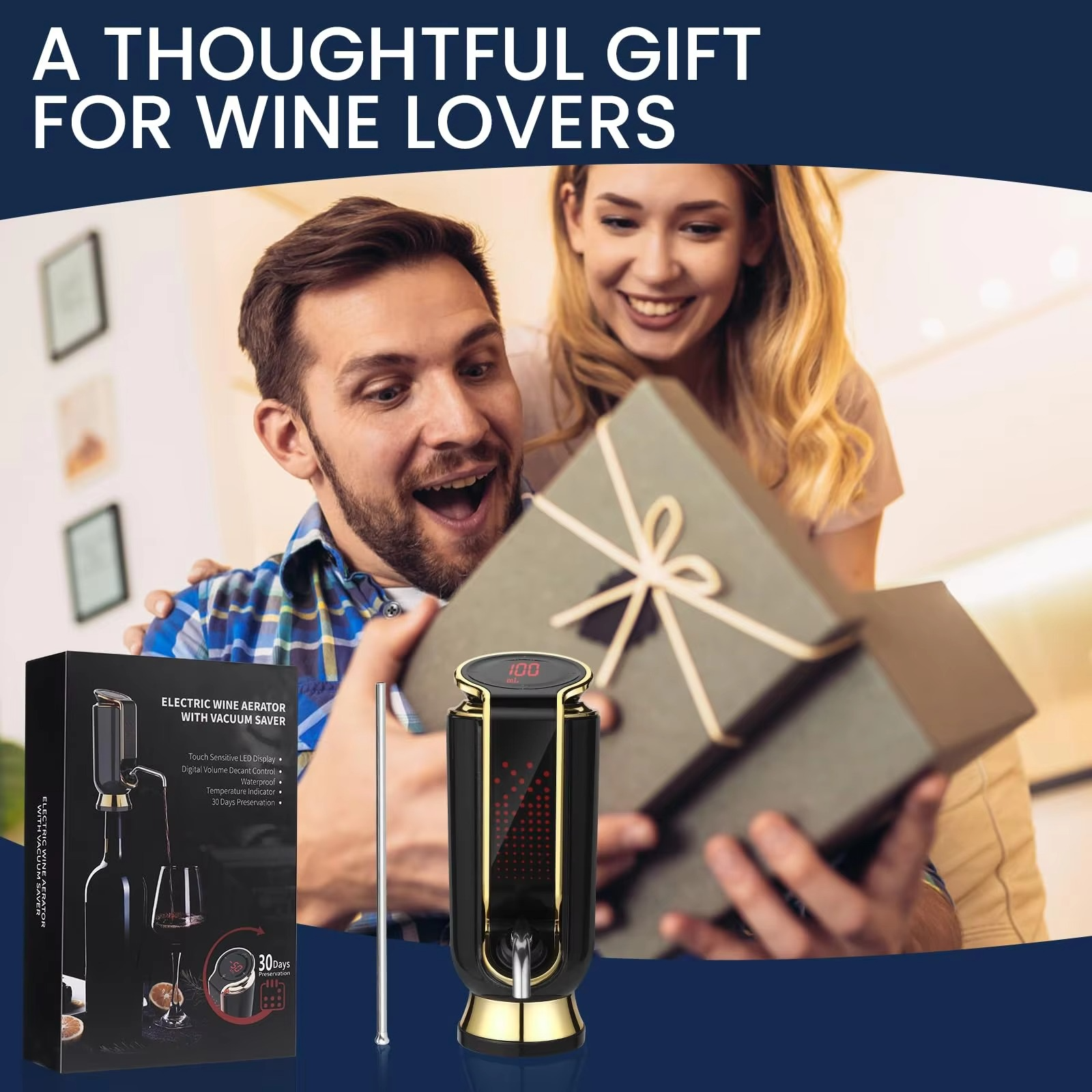 Luxurious 4-in-1 Electric Wine Aerator Decanter Dispenser & Vacuum Saver with LED Display Wine Pourer Gift for Women Wine Lover