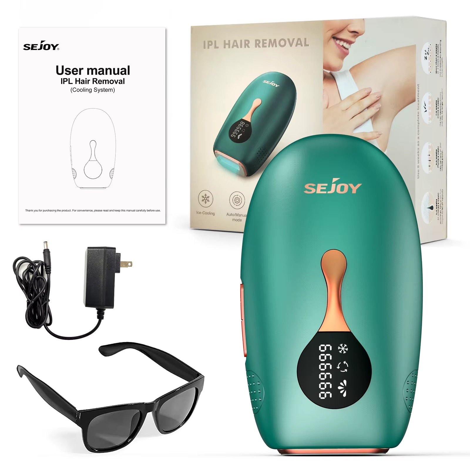 Sejoy IPL Hair Removal Device Portable Laser Epilator for Women Men with NTC Overheating Protection Auto Shut Down LCD Display