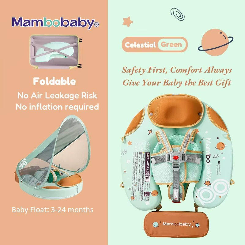 Mambobaby Baby Foldable Float Inflatable Free with Sun Canopy Safe Crotch Strap Pool Swim Ring Swim Tube Pool Float Water Circle