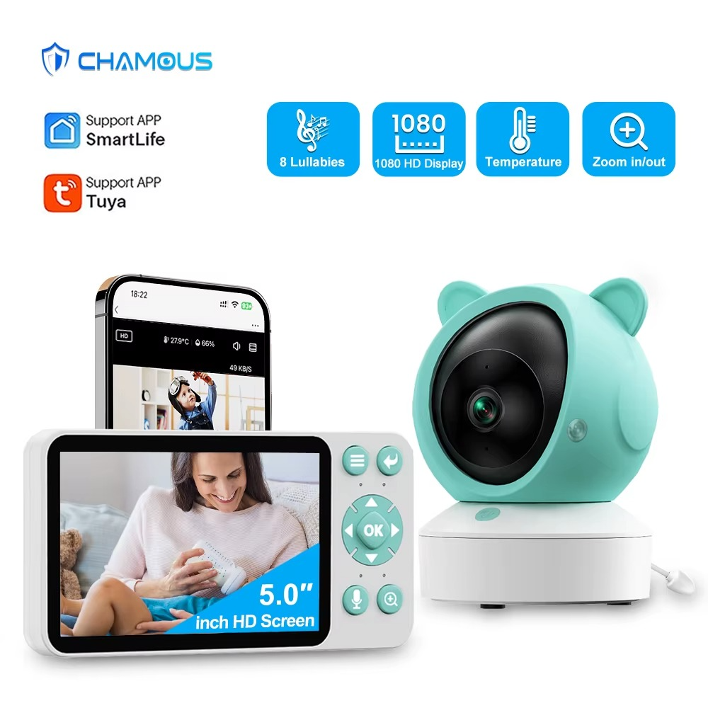 Baby Monitor 5 Inch Display Screen Tuya Indoor Wireless Security Protection WIFI Camera Video Surveillance Temperature lullaby