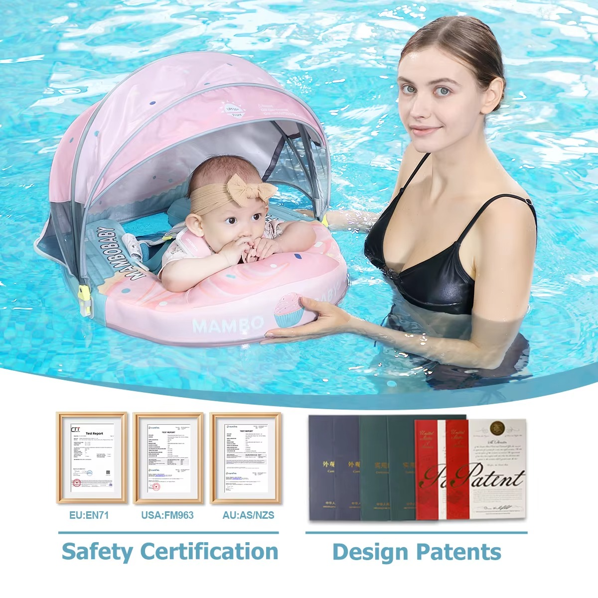 Mambobaby Float No-Slip Safe Harness ST-Cup Cake B503-150-W-Z Safe Core No Inflation No Leaks Baby Swim Ring Toddler Pool Float