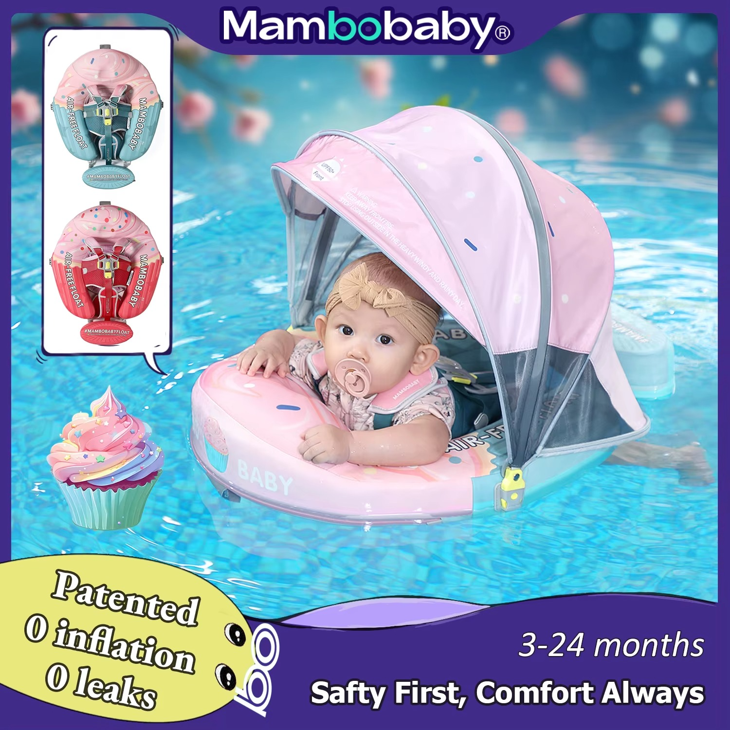 Mambobaby Float No-Slip Safe Harness ST-Cup Cake B503-150-W-Z Safe Core No Inflation No Leaks Baby Swim Ring Toddler Pool Float