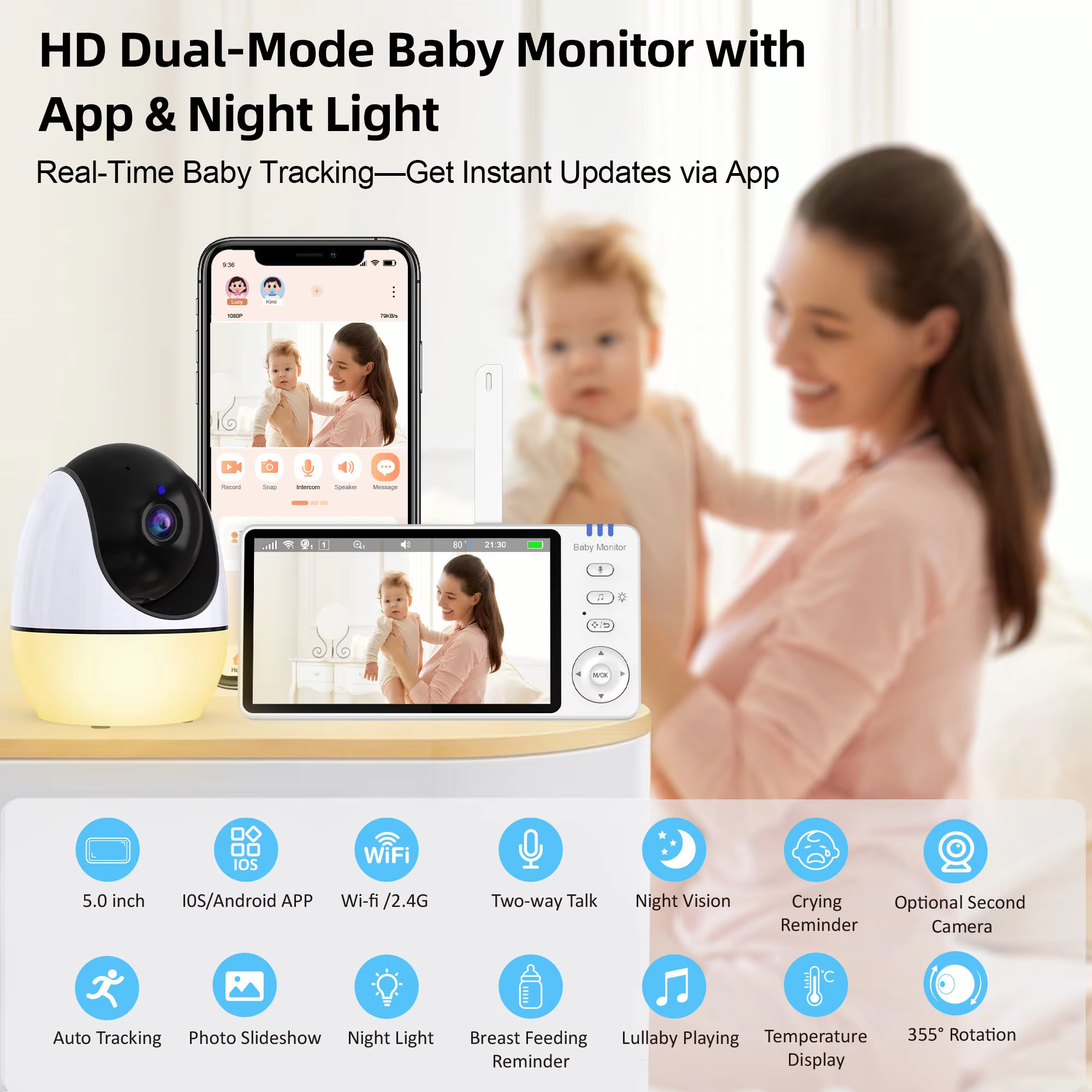 WOUWON Smart Baby Monitor Babyphone Video Baby Camera Bebe Nanny HD 4.3 Inch LCD Two Way Talk PTZ Lullabies For New Born