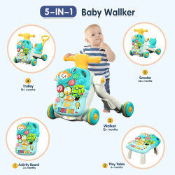 AnGku Versatile 5-in-1 Design Baby Walker Portable Toddler Trolley with Toys 6-12 Months Sit-to-Stand Learning Walker