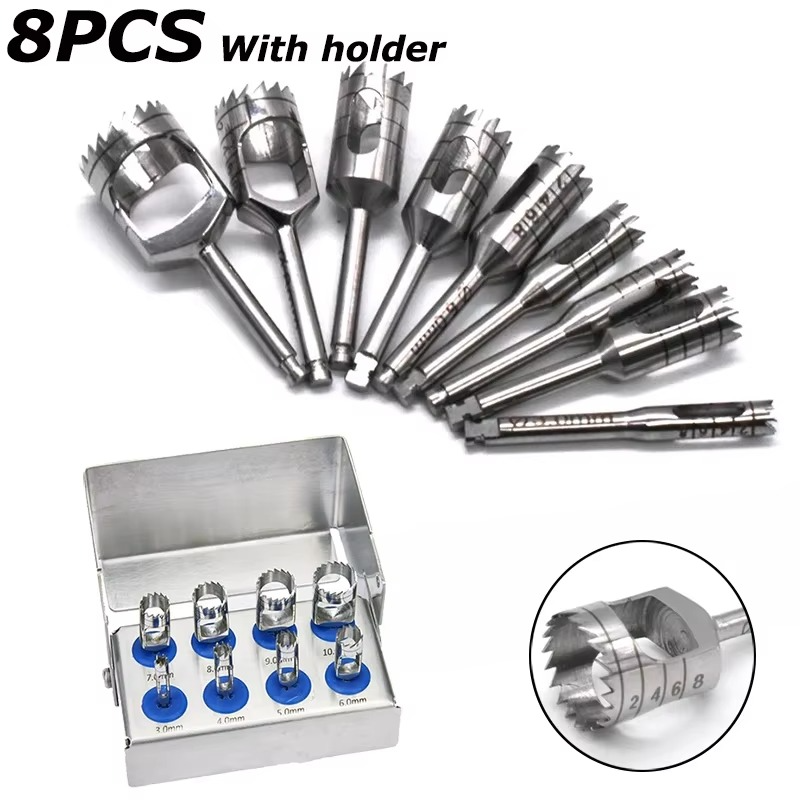 Dental Implant Bone Trephine Burrs Set 8pcs with Disinfection Holder for Surgical Drill Handpiece Instruments