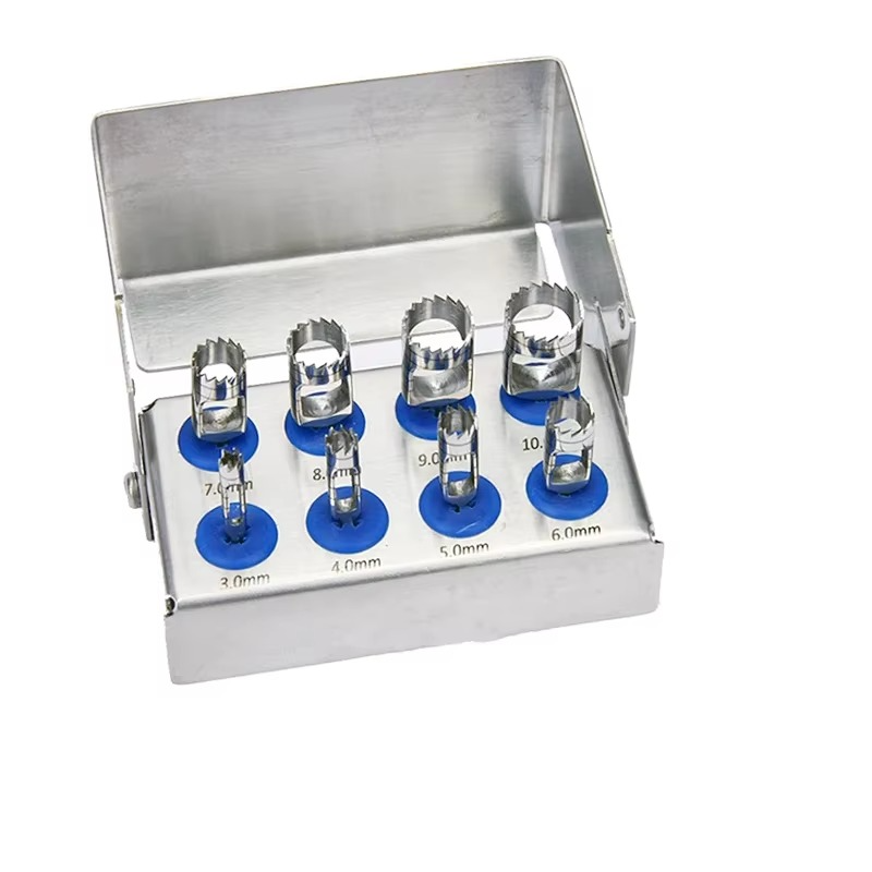 Dental Implant Bone Trephine Burrs Set 8pcs with Disinfection Holder for Surgical Drill Handpiece Instruments