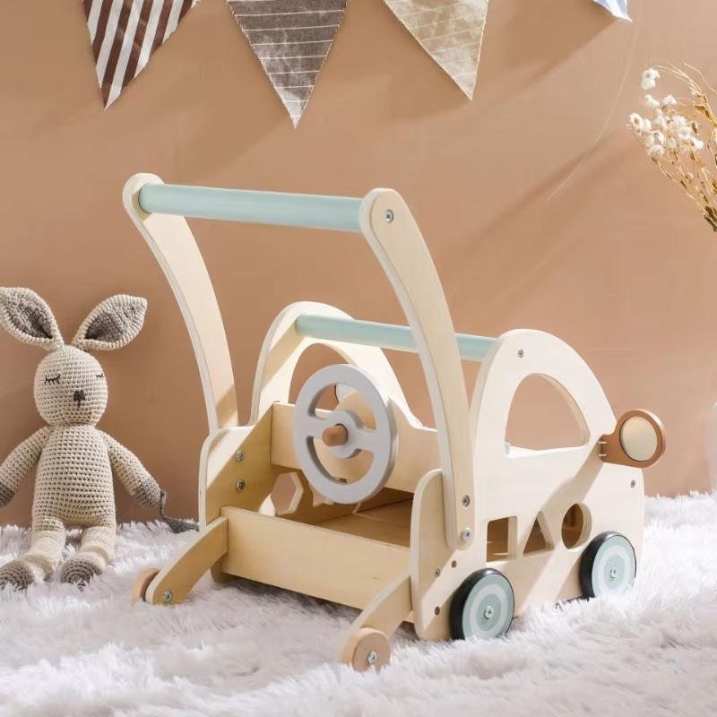 Educational Wooden Baby Push Walker Toy Steering Wheel Shape Sorter Early Learning Walking Assistant Activity Cart forToddlers