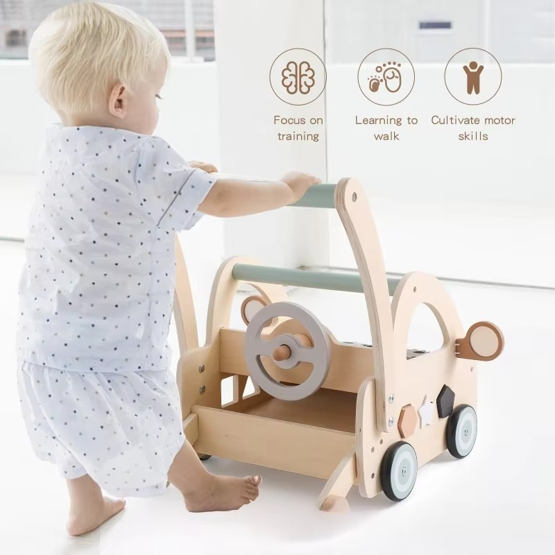 Educational Wooden Baby Push Walker Toy Steering Wheel Shape Sorter Early Learning Walking Assistant Activity Cart forToddlers