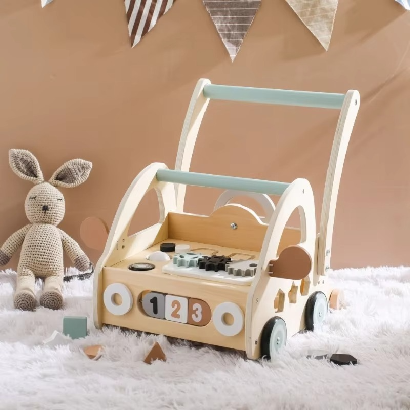 Educational Wooden Baby Push Walker Toy Steering Wheel Shape Sorter Early Learning Walking Assistant Activity Cart forToddlers