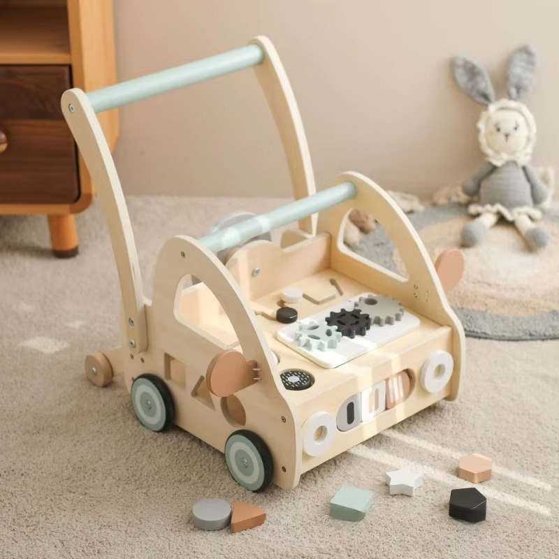 Educational Wooden Baby Push Walker Toy Steering Wheel Shape Sorter Early Learning Walking Assistant Activity Cart forToddlers