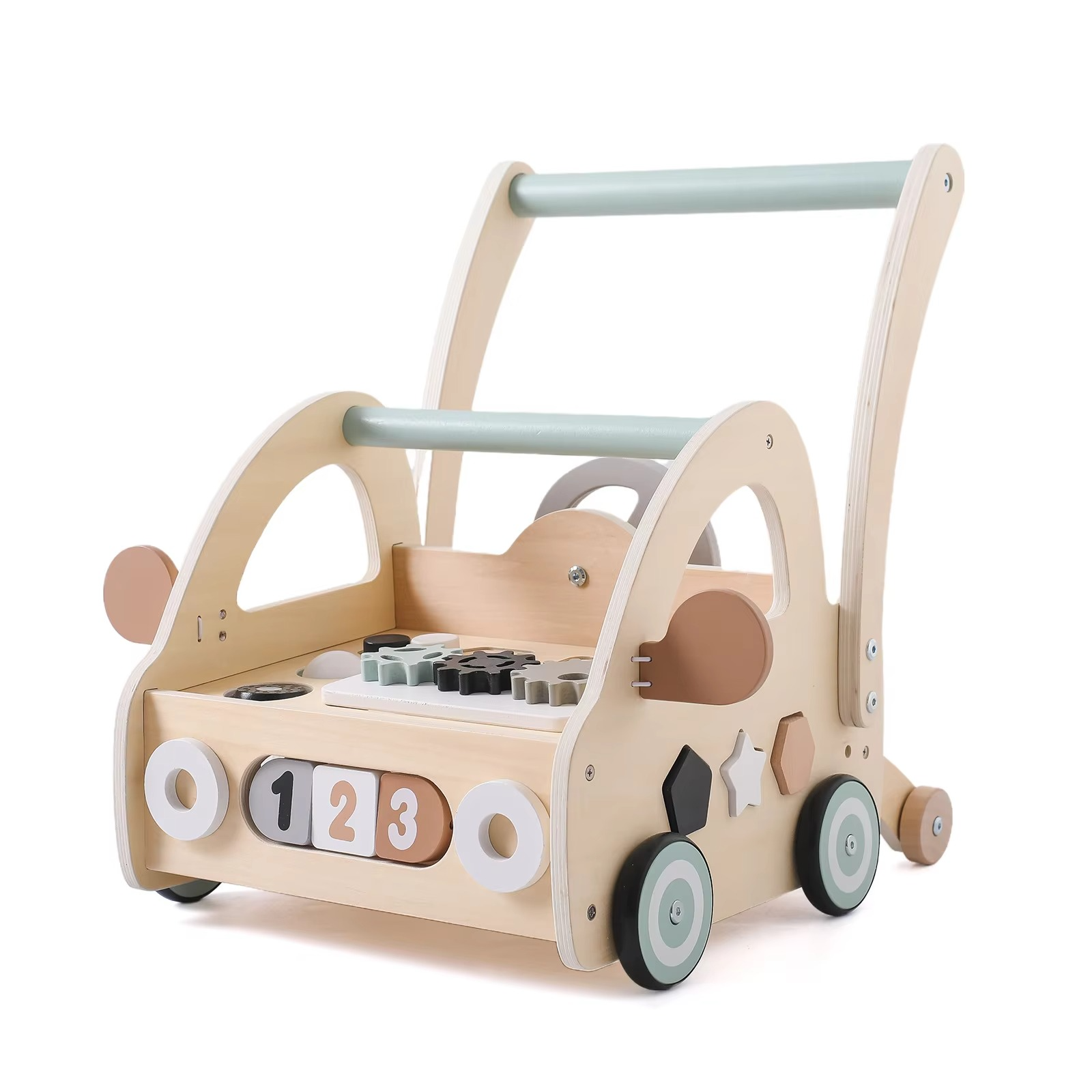 Educational Wooden Baby Push Walker Toy Steering Wheel Shape Sorter Early Learning Walking Assistant Activity Cart forToddlers