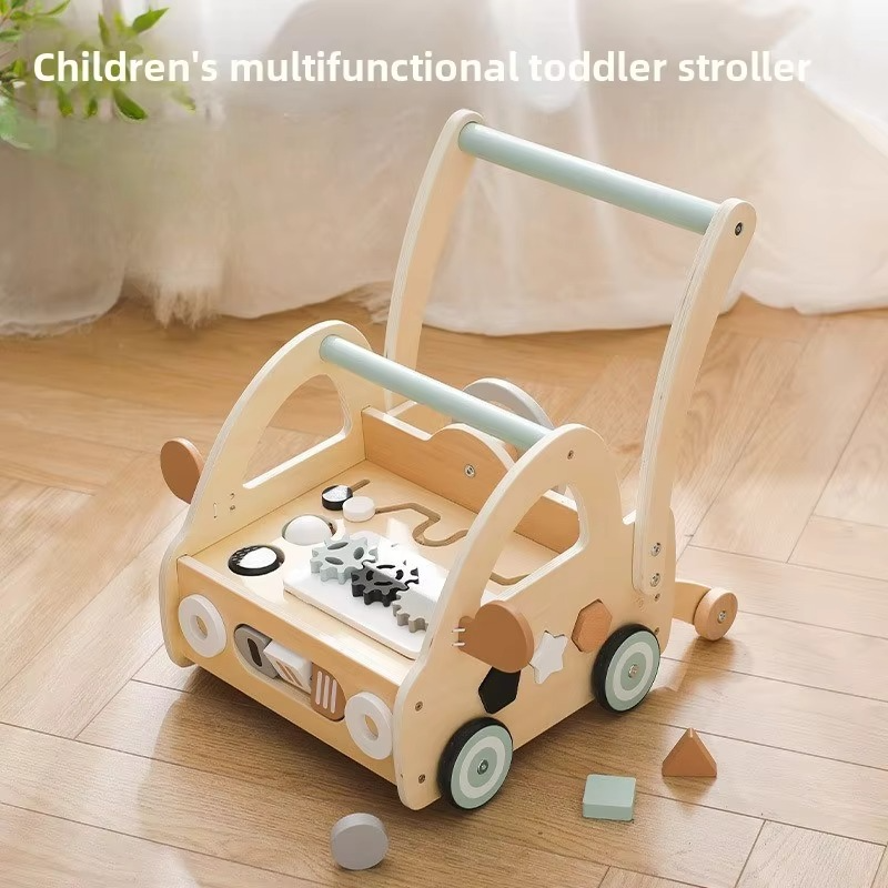 Educational Wooden Baby Push Walker Toy Steering Wheel Shape Sorter Early Learning Walking Assistant Activity Cart forToddlers