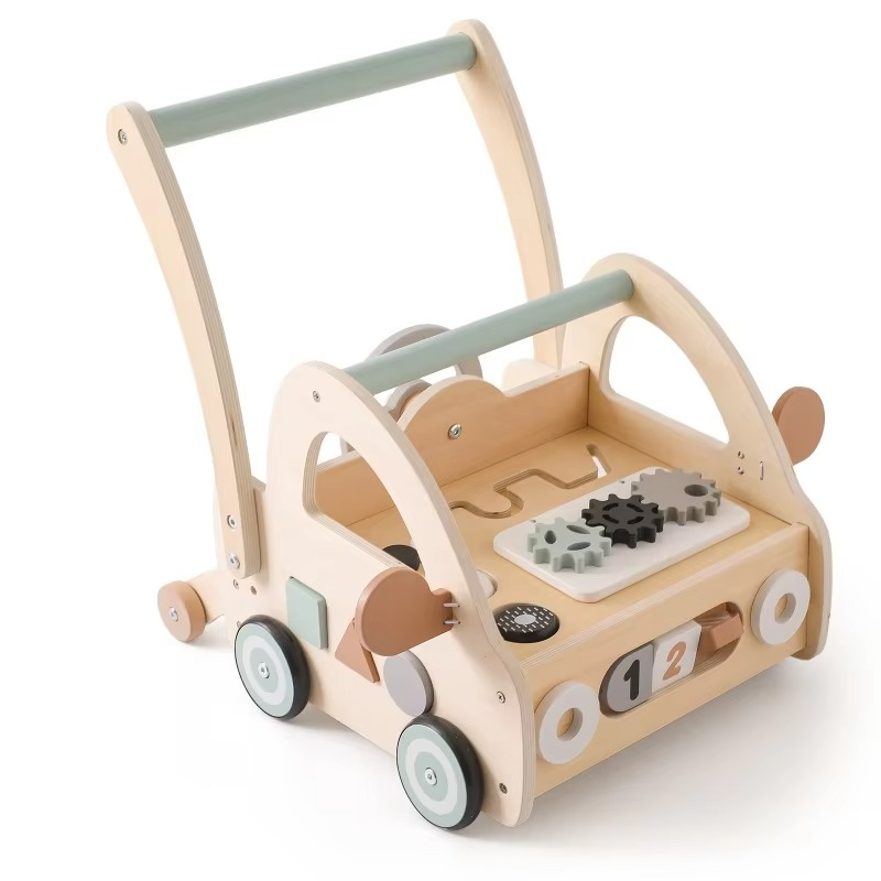 Educational Wooden Baby Push Walker Toy Steering Wheel Shape Sorter Early Learning Walking Assistant Activity Cart forToddlers