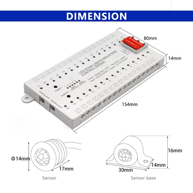 32 CH LED Stair Strip Dimmable Stepped Controller Dupont Port DC 12V 24V 400W with PIR Body Sensor ON/OFF for Single Color Light