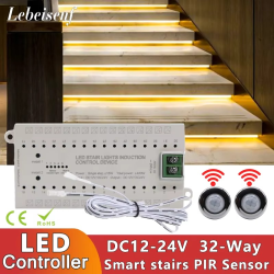 32 CH LED Stair Strip Dimmable Stepped Controller Dupont Port DC 12V 24V 400W with PIR Body Sensor ON/OFF for Single Color Light