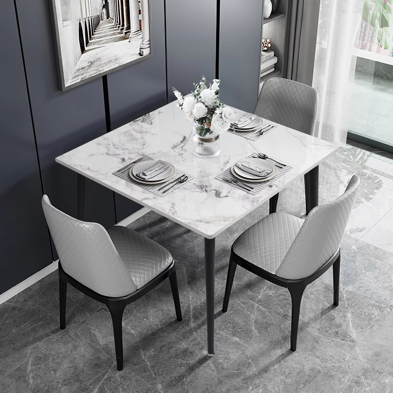 Rectangular Dining Modern Dining Desk Table Furniture with Natural Texture Sintered Stone Top Metal Frame for Dining Room