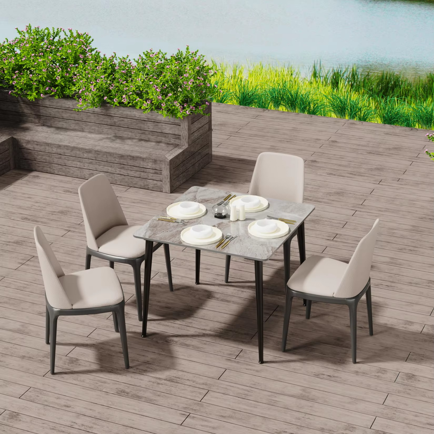 Rectangular Dining Modern Dining Desk Table Furniture with Natural Texture Sintered Stone Top Metal Frame for Dining Room