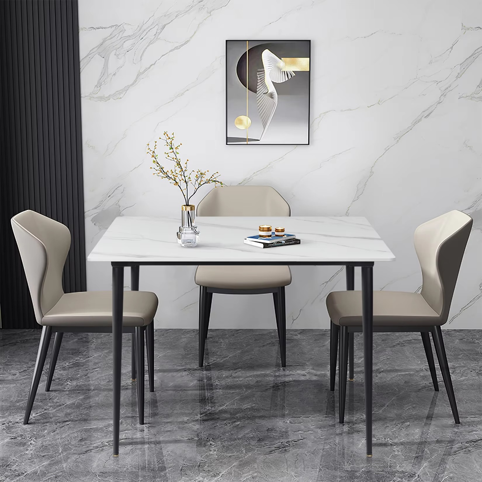 Rectangular Dining Modern Dining Desk Table Furniture with Natural Texture Sintered Stone Top Metal Frame for Dining Room