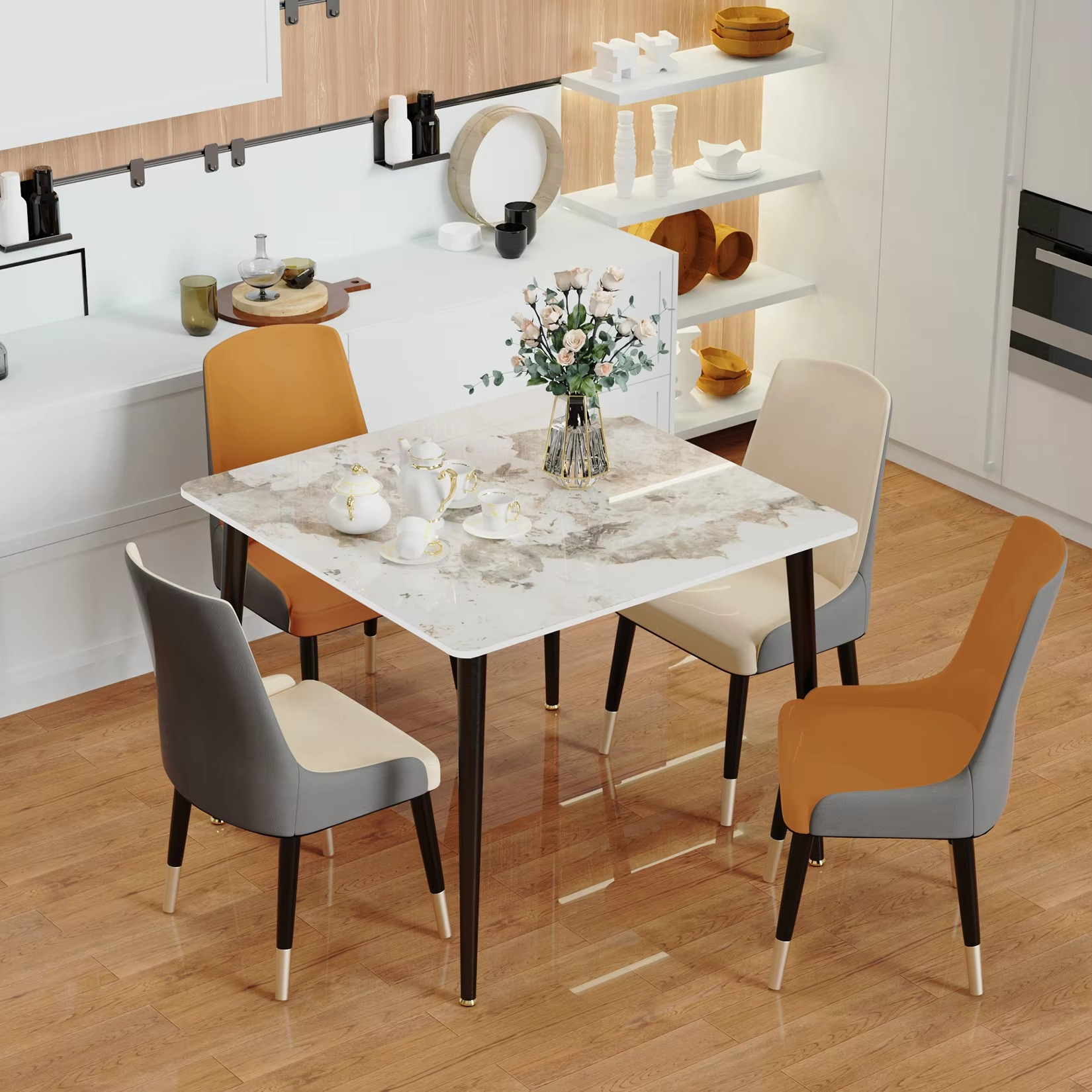 Rectangular Dining Modern Dining Desk Table Furniture with Natural Texture Sintered Stone Top Metal Frame for Dining Room