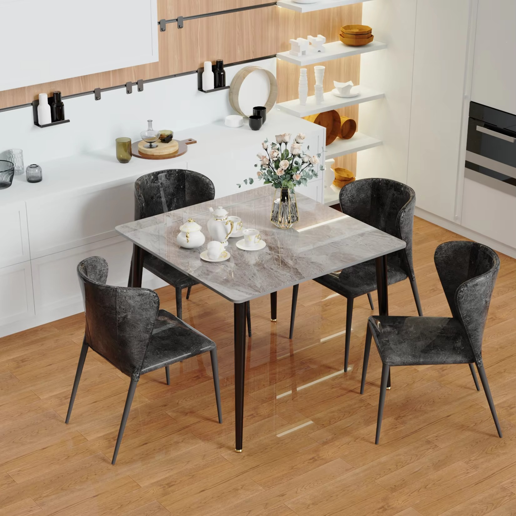 Rectangular Dining Modern Dining Desk Table Furniture with Natural Texture Sintered Stone Top Metal Frame for Dining Room
