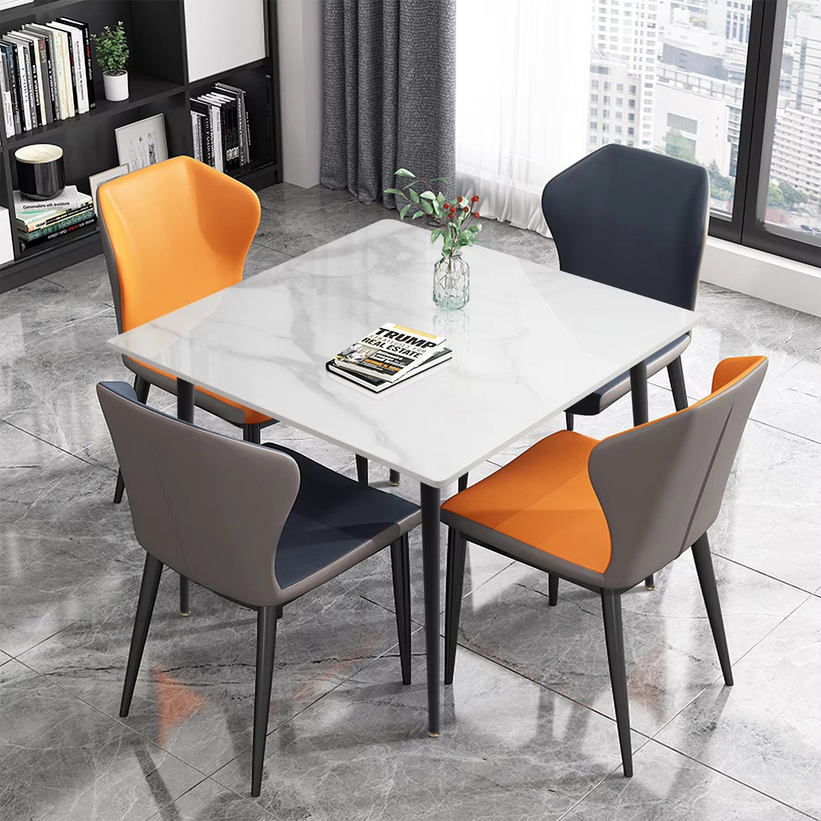 Mid-Century Slate Kitchen Dining Table with Sintered Stone Top and Metal Legs, Desk for Living Room, Dining Room