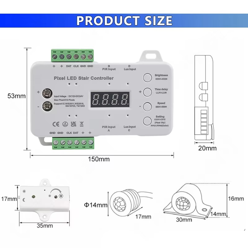 512 Pixel LED Stair Lighting Controller DC12V DC24V & PIR Motion Sensor &Daylight Sensor Single color or RGB Dynamic Light Strip