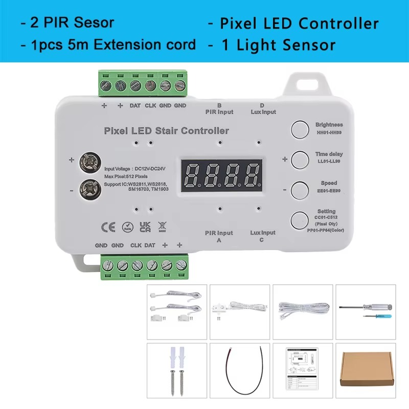 512 Pixel LED Stair Lighting Controller DC12V DC24V & PIR Motion Sensor &Daylight Sensor Single color or RGB Dynamic Light Strip
