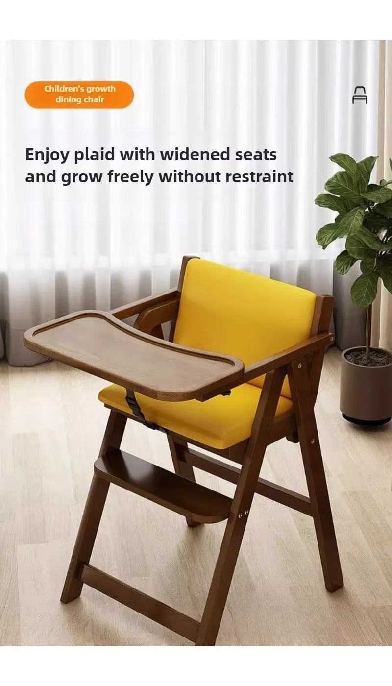 Foldable Solid Wood Baby High Chair - Simple Stylish Toddler Dining Seat for Home ,Convertible Growth Feeding Chair