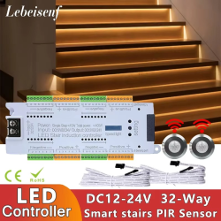 32 Channel Stair Step Strip Light LED PIR Infrared Motion Sensor Tread Lamp Automatic Lighting Dimmer Controller DC 12V 24V 500W