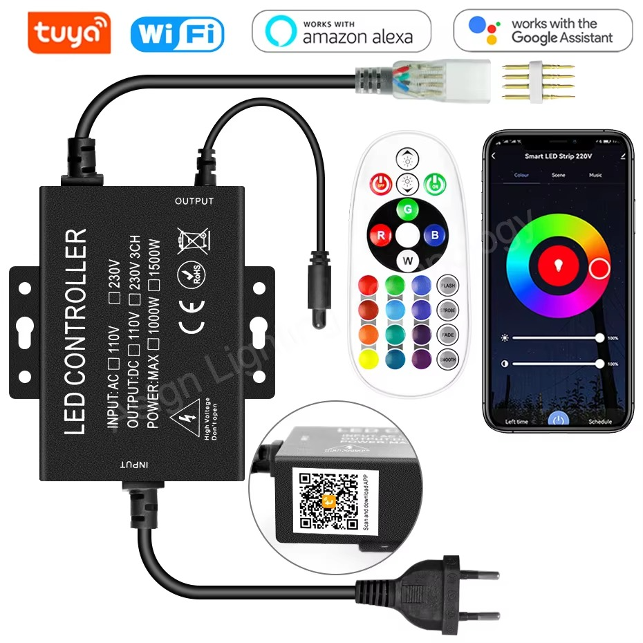 RGB Controller For 5050 2835 LED Strip Light 1500W 750W AC220V Dimmer with 24Keys Remote/Bluetooth APP/Wifi Controller Alexa