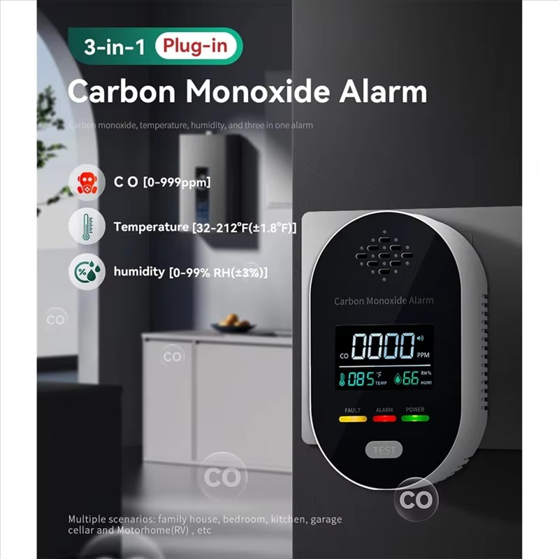 ABUO-Carbon Monoxide Detectors 3In1 Plug In Portable Carbon Monoxide Detector With Temperature Humidity Sensor Lcddisplay(EU