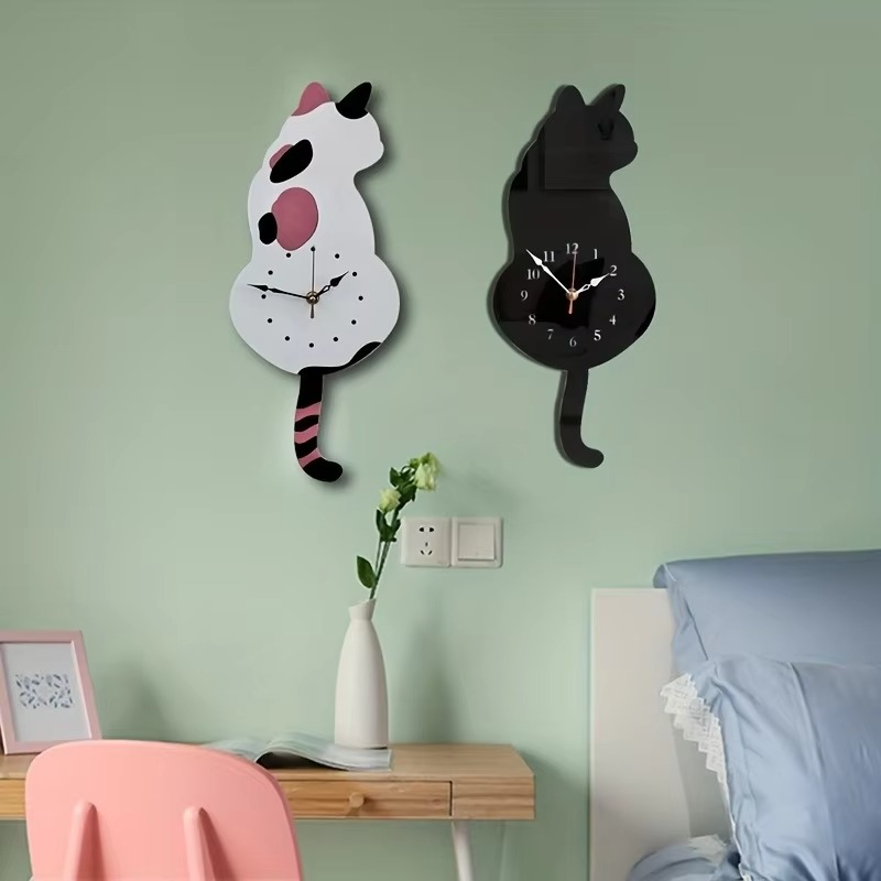 1pc Whimsical Black Cat Pendulum Wall Clock with Moving Tail - Fun and Unique Home Decor for Living Room Office Café and Bedroom