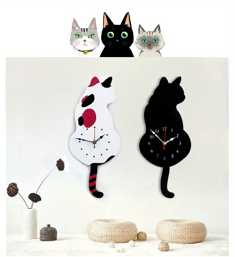 1pc Whimsical Black Cat Pendulum Wall Clock with Moving Tail - Fun and Unique Home Decor for Living Room Office Café and Bedroom