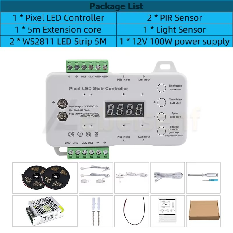 10m/Set Pixel LED Stair Railing Controller PIR Motion Daylight Sensor WS2811 RGB Pixel Strip Dimmer Indoor Light 12V 100W Power
