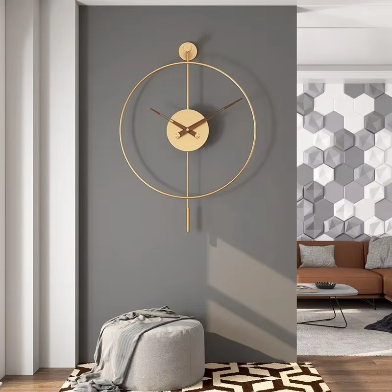 Modern Round Black Wall Clock with Swing Pendulum Silent Metal Decorative Art Clocks for Home Living Room Bedroom Office