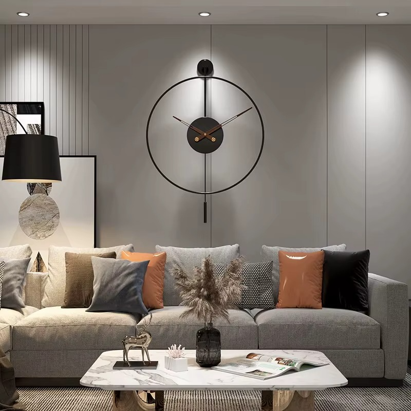 Modern Round Black Wall Clock with Swing Pendulum Silent Metal Decorative Art Clocks for Home Living Room Bedroom Office