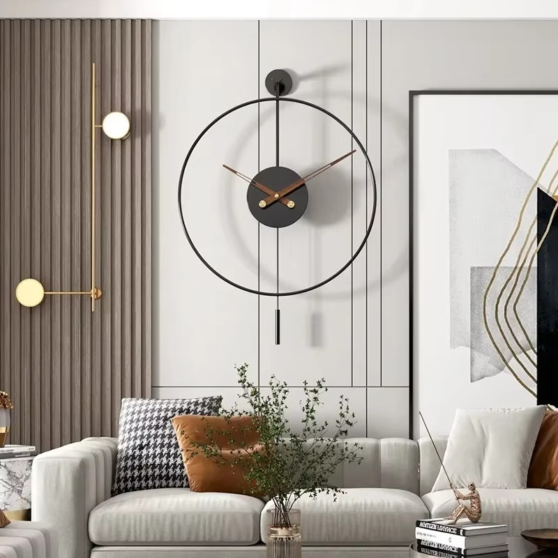 Modern Round Black Wall Clock with Swing Pendulum Silent Metal Decorative Art Clocks for Home Living Room Bedroom Office