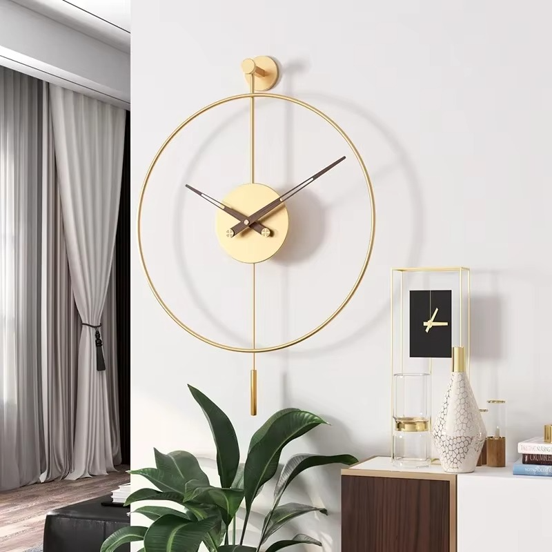 Modern Round Black Wall Clock with Swing Pendulum Silent Metal Decorative Art Clocks for Home Living Room Bedroom Office