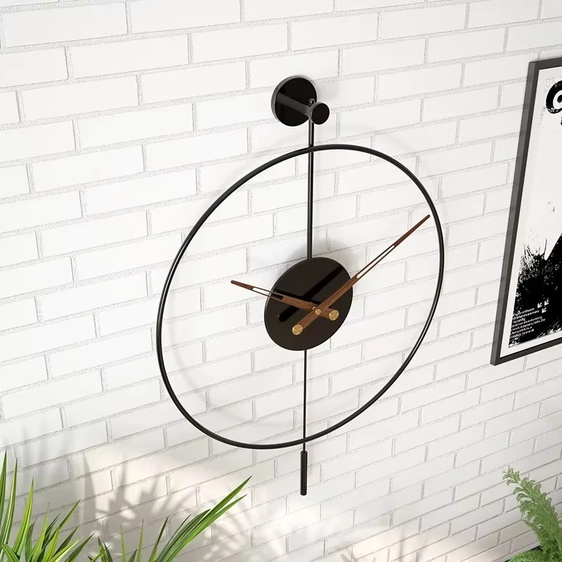 Modern Round Black Wall Clock with Swing Pendulum Silent Metal Decorative Art Clocks for Home Living Room Bedroom Office