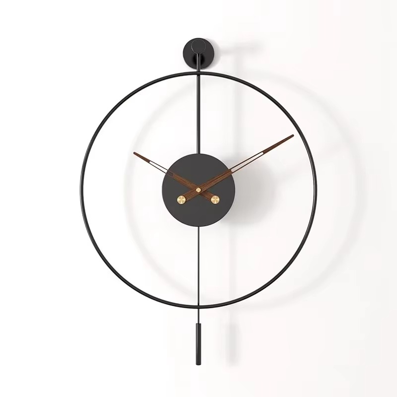 Modern Round Black Wall Clock with Swing Pendulum Silent Metal Decorative Art Clocks for Home Living Room Bedroom Office