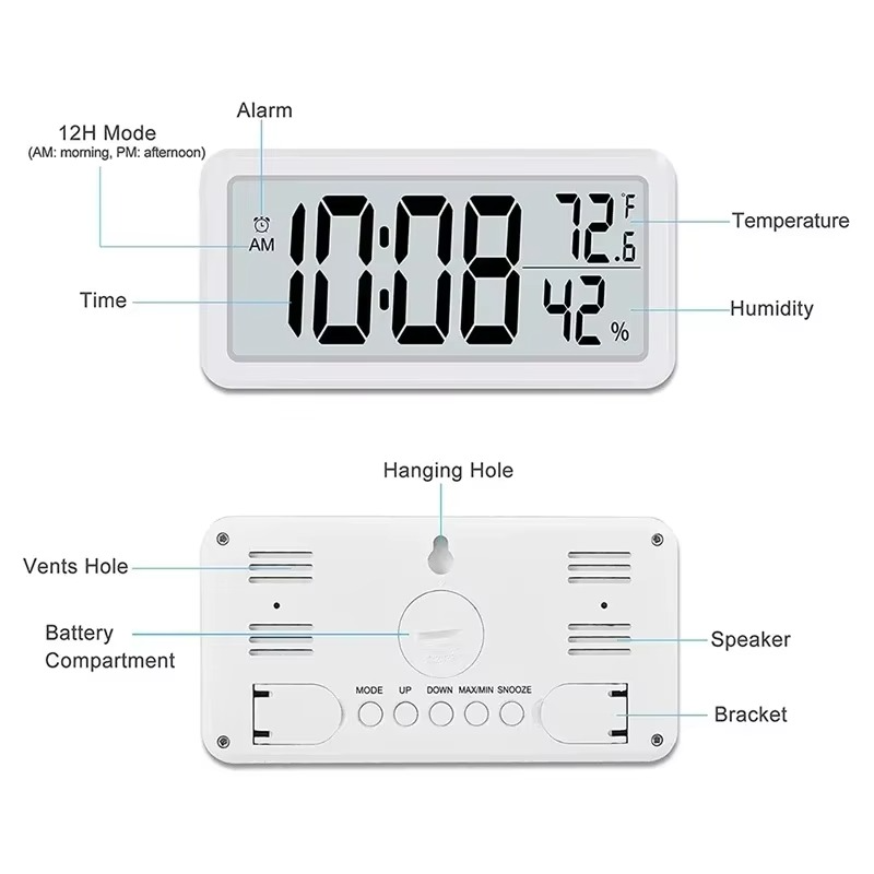 Battery Powered LCD Digital Wall Clock Time Temperature Date Desktop Table Clock With USB Cable 12/24H LCD Clock for Living Room