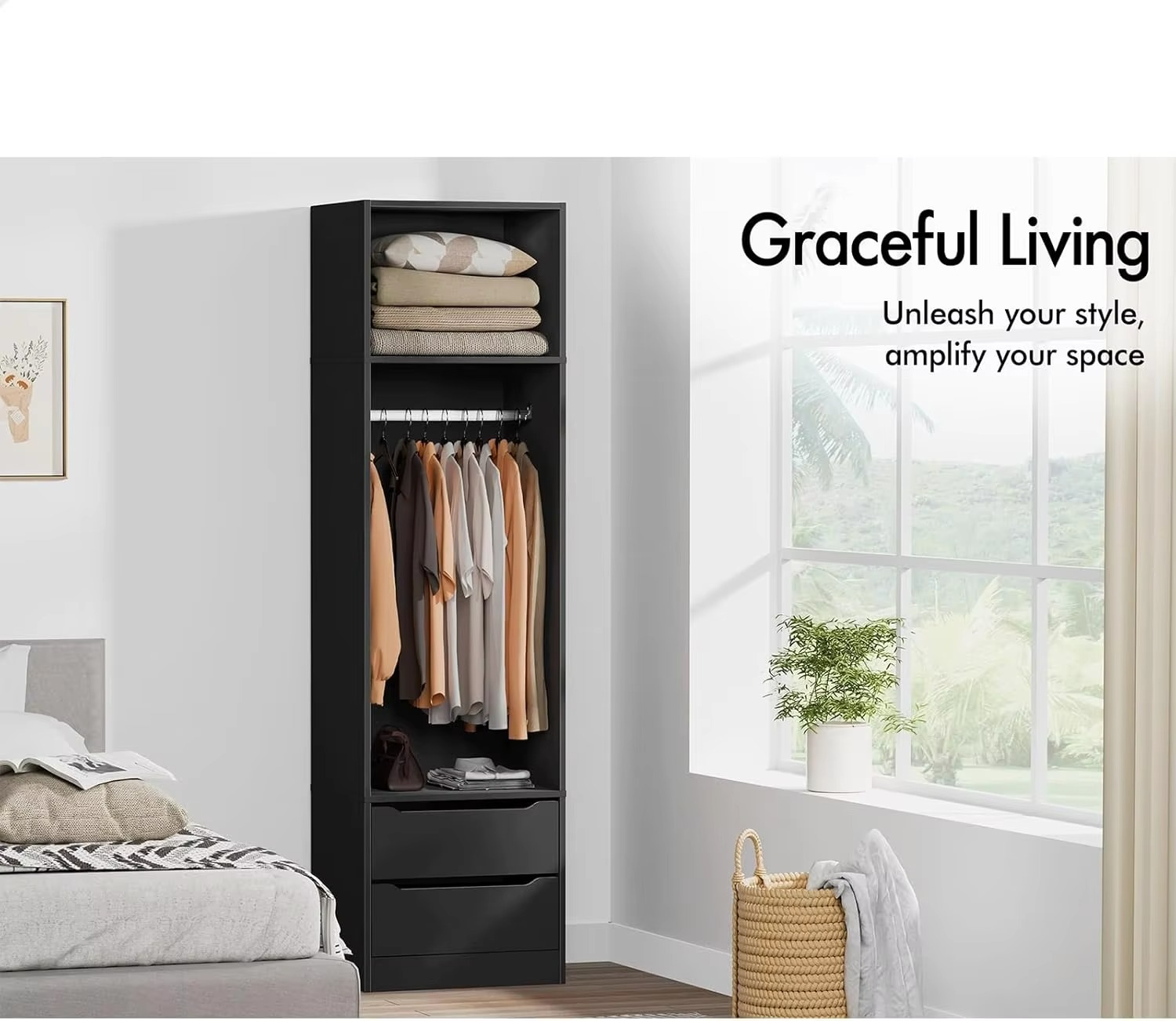 Wardrobe Cabinet with 2 Sliding Drawers, Hanging Rod and Open Shelf Black Color, Wooden Closet 50.5X 40x 185 cm, Dress