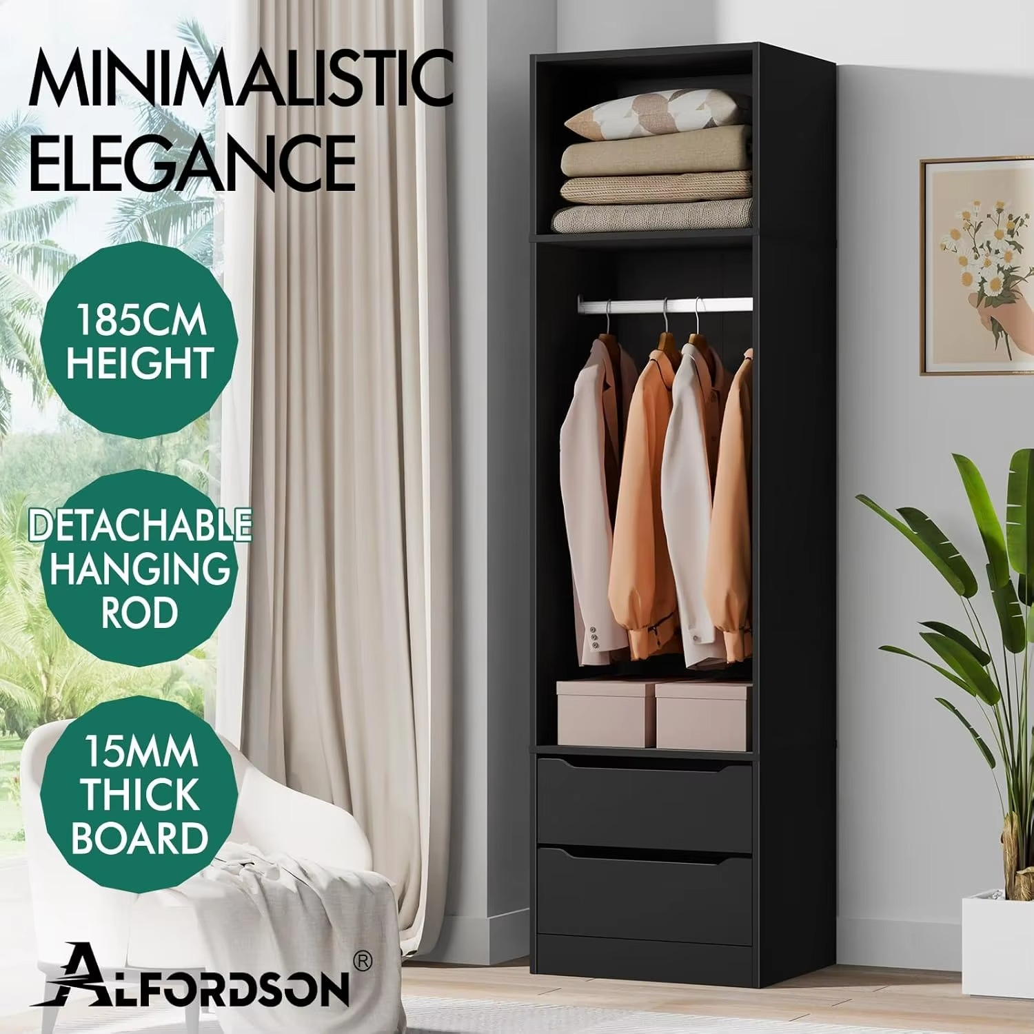 Wardrobe Cabinet with 2 Sliding Drawers, Hanging Rod and Open Shelf Black Color, Wooden Closet 50.5X 40x 185 cm, Dress