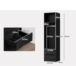 Wardrobe Cabinet with 2 Sliding Drawers, Hanging Rod and Open Shelf Black Color, Wooden Closet 50.5X 40x 185 cm, Dress