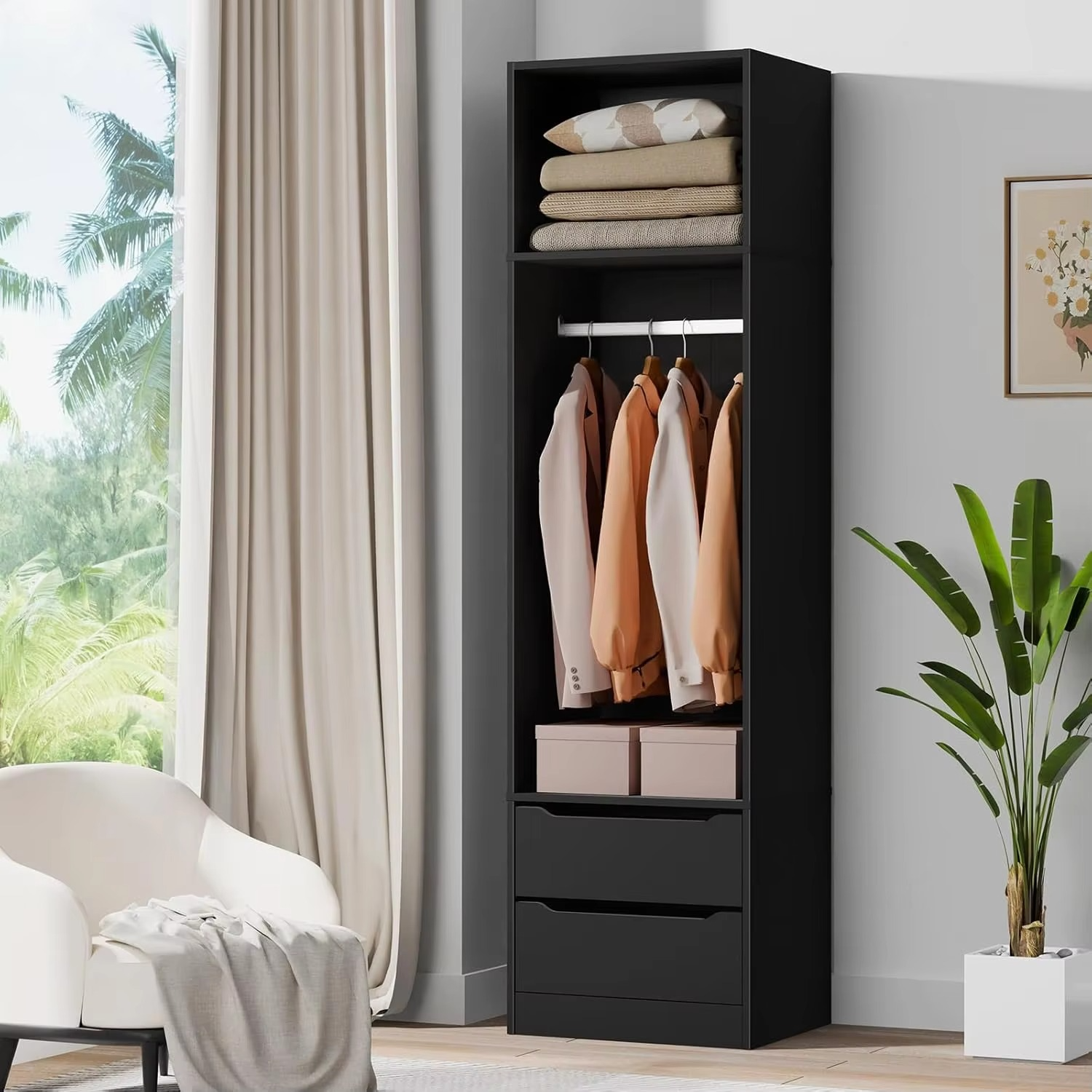 Wardrobe Cabinet with 2 Sliding Drawers, Hanging Rod and Open Shelf Black Color, Wooden Closet 50.5X 40x 185 cm, Dress