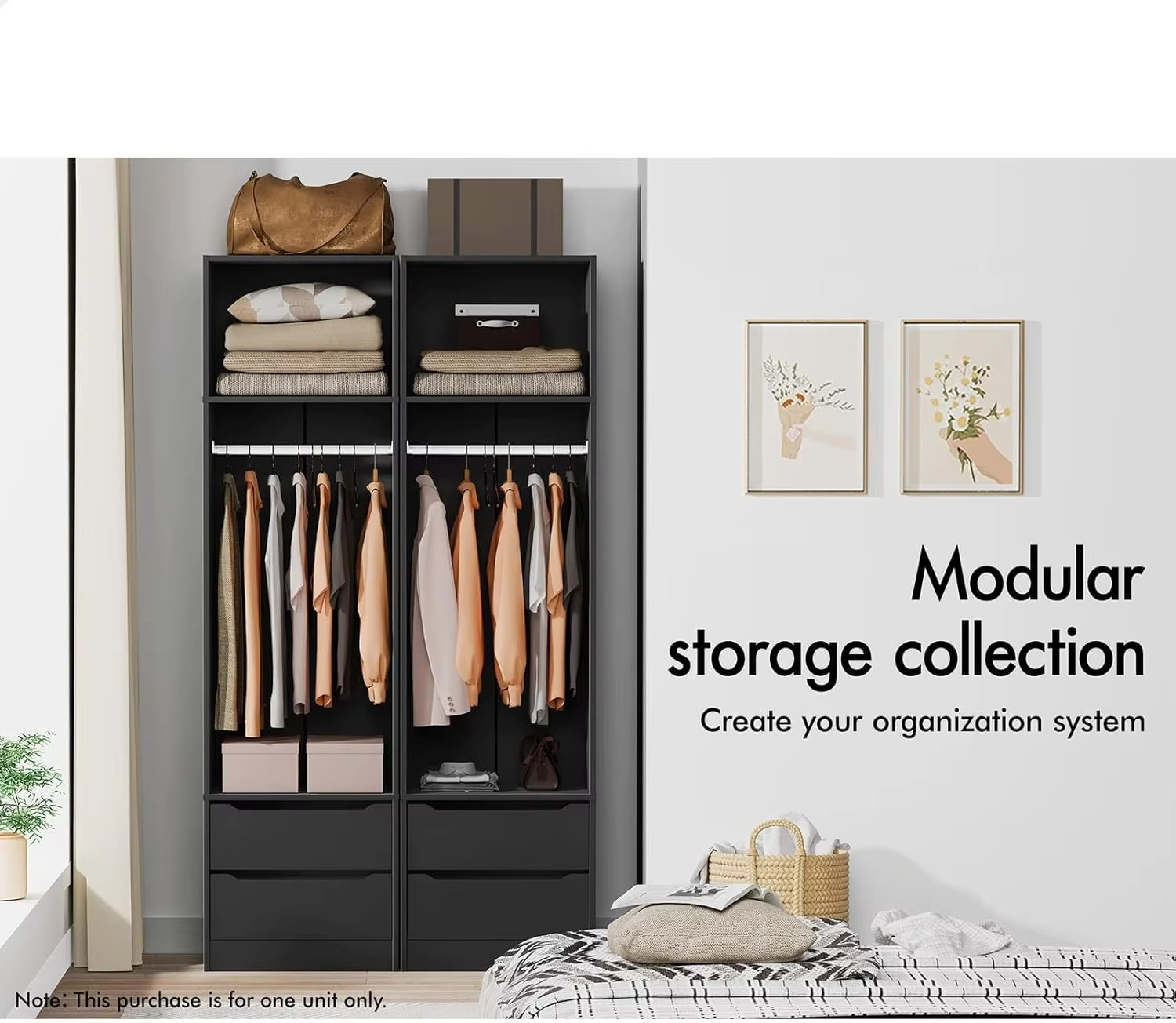 Wardrobe Cabinet with 2 Sliding Drawers, Hanging Rod and Open Shelf Black Color, Wooden Closet 50.5X 40x 185 cm, Dress