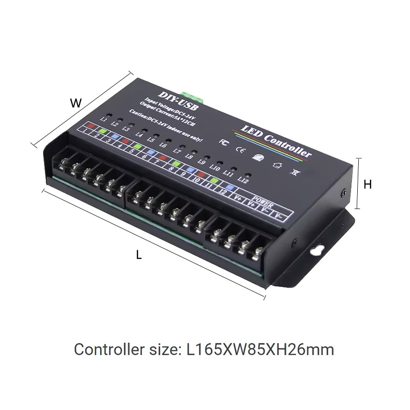 12-Way Single Color PWM Power Dimmer LED Strip Light Programmable USB Controller DC 12V 24V 60A for DIY Dynamic Advertising Sign