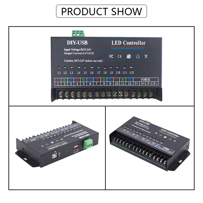 12-Way Single Color PWM Power Dimmer LED Strip Light Programmable USB Controller DC 12V 24V 60A for DIY Dynamic Advertising Sign